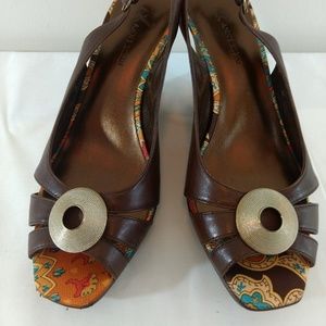 Anne Klein Brown Leather Paisley Wedge Sandal S 8M
